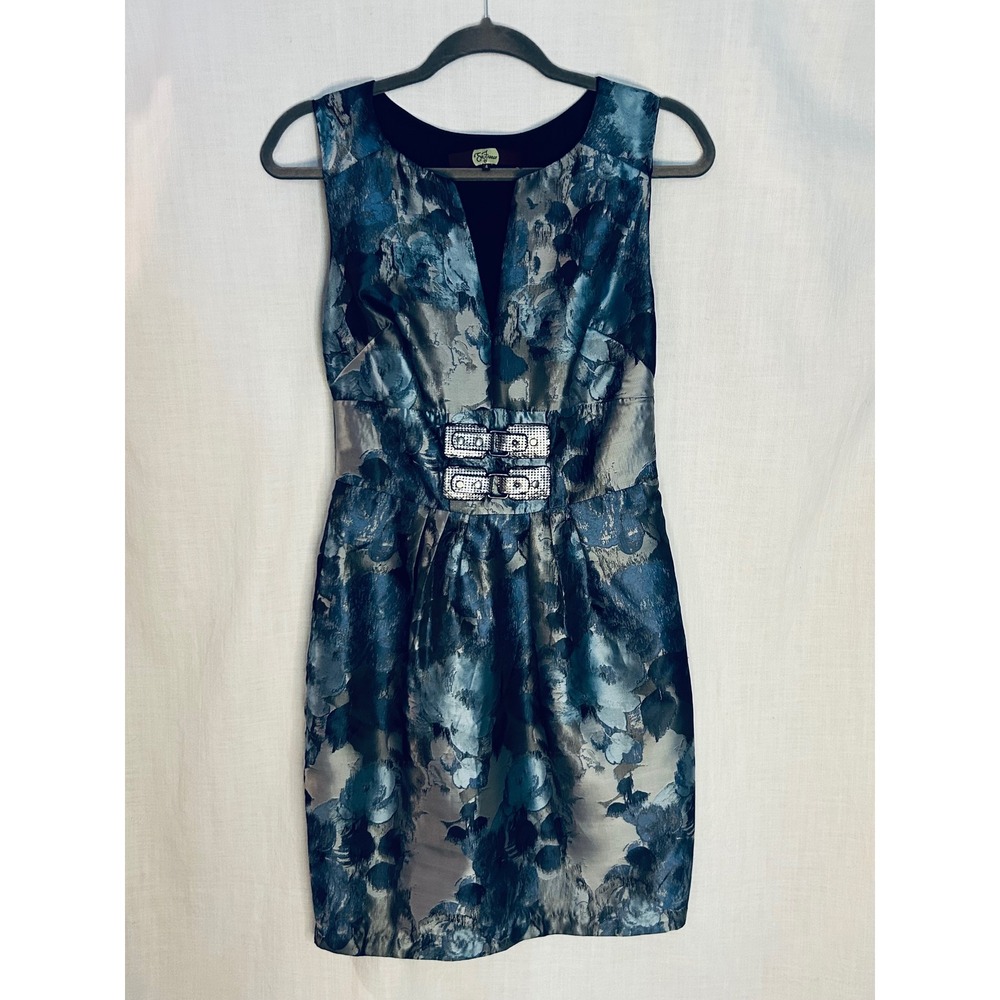 Eva Franco Blue Silver Floral Brocade Rhinestone Buckle Cocktail Dress Size 4